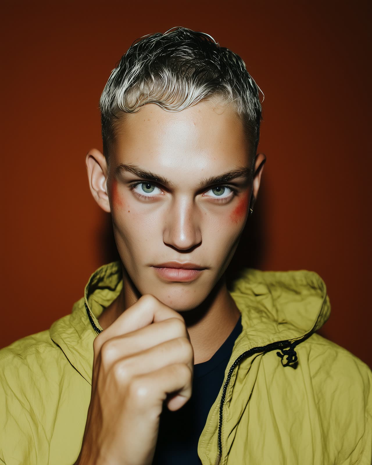 A young man with platinum blonde hair and a yellow jacket against a bold orange background